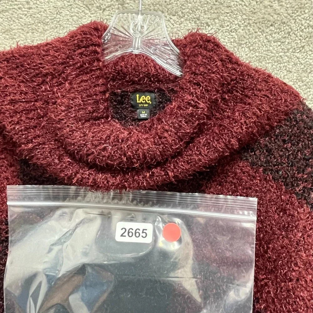 Lee Sweater Women's Medium Black Red Plaid Cowl Neck Pullover Block Jumbo Square